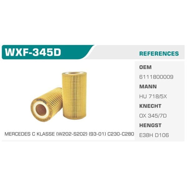 WINKEL WXF-345D Yağ Filtresi Sprinter 00-06 Sprinter Yeni Model 06- Sprinter 09- Viano Vito 202 203