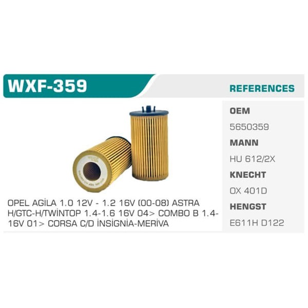 WINKEL WXF-359 Yağ Filtresi Astra G H J Vectra C 06- Insignia 08- Corsa C D E Corsa D Corsa E Adam 1 
