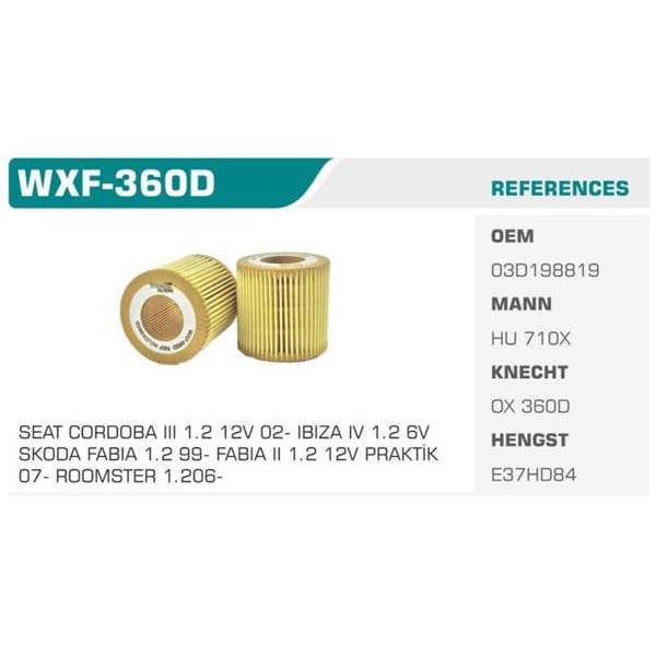 WINKEL WXF-360D Yağ Filtresi Golf Polo 02-09 Fox 05- Touran / Cordoba 02- Toledo 02- Ibiza IV V 02- 