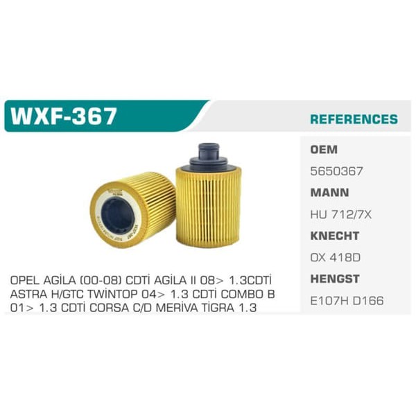 WINKEL WXF-367 Yağ Filtresi Palio Albea Doblo / Astra H 1.3 Jtd 1.3 Cdtı Z13Dt Z13Dth 