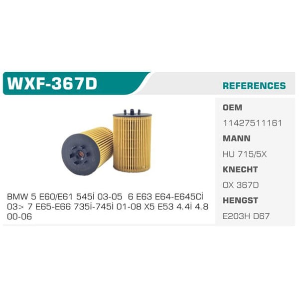 WINKEL WXF-367D Yağ Filtresi Bmw 5 E60 E61 Bmw 6 E63 Bmw X5 E53 545I 645Cı Eco Mann Tipi Koli: 50 Ad 