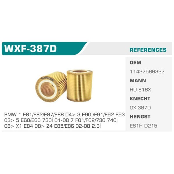 WINKEL WXF-387D Yağ Filtresi Bmw 1 06- Bmw 3 12- Bmw 5 11- Bmw Z4 10- Bmw X3 06- Eco Mann Tipi Koli: 