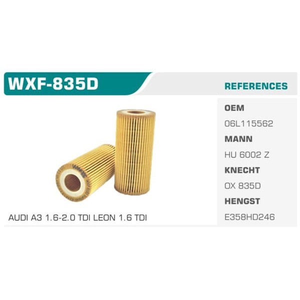 WINKEL WXF-835D Yağ Filtresi Golf Vıı / A3 A4 A5 Q5 / Leon III / Octavia 1.8 Tfsı 1.8 Tsı 2.0 Tfsı