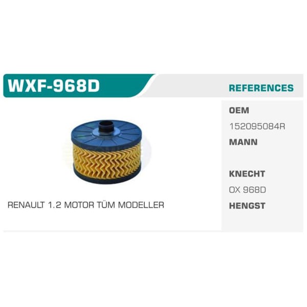WINKEL WXF-968D Yağ Filtresi CLIO IV Megane III Scenic III Captur / Dokker 1.2 Tce 0.9 Tce 90Ps Tce