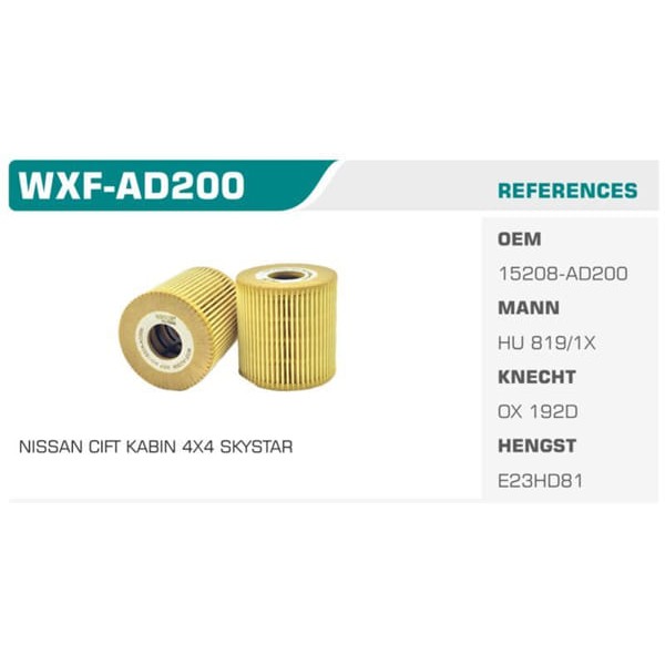 WINKEL WXF-AD200 Yağ Filtresi X-Traıl 01- Pıck-Up D23 Skystar 03- 2.2 DCI Yd25 Eco Koli: 50 Ad.