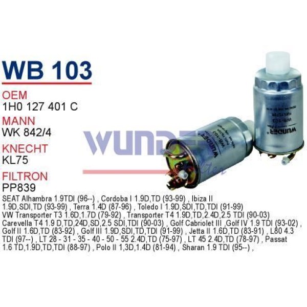 WUNDER WB103 Mazot Filtresi Polo Classıc Caddy II 96- Transporter T4 / Cordoba 1.9 TDI 2.5 TDI 2.4D