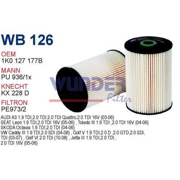 WUNDER WB126 Mazot Filtresi Golf V 03- Jetta III 05- Caddy III 04- Touran 03- / A3 / Octavia 04- 1.9
