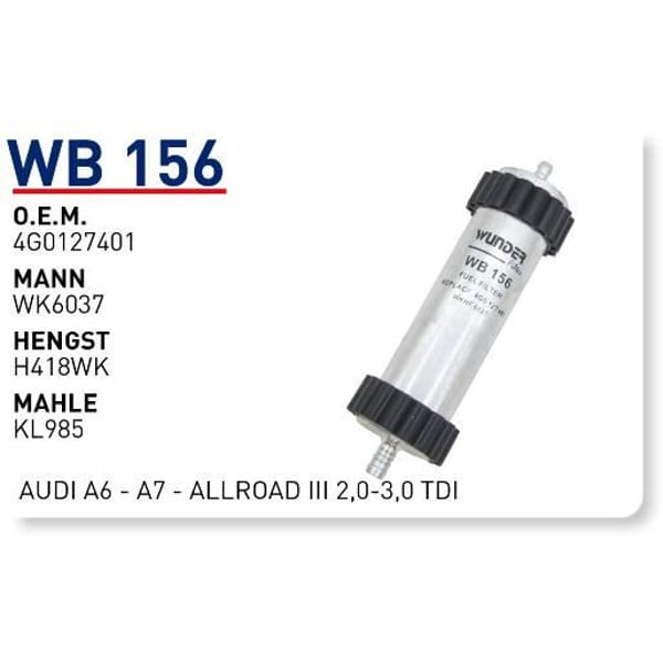 WUNDER WB156 Mazot Filtresi Audi A6 - A7 - Allroad III 2,0-3,0 TDI 