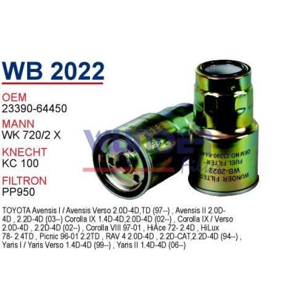 WUNDER WB2022 Mazot Filtresi Corolla 03-07 Avensis 03-08 Rav4 01-05 1.4 D4D 2.0 D4D Wk7202X 