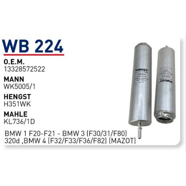 WUNDER WB224 Mazot Filtresi Bmw 1 F20-F21 - Bmw 3 (F30/31/F80) 320D ,Bmw 4 (F32/F33/F36/F82)