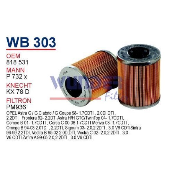 WUNDER WB303 Mazot Filtresi Astra G H Astra F G Vectra B C Corsa C Combo B C 1.7 Cdtı Y17Dt 2.0 Dtı