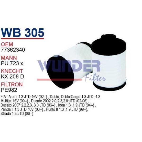 WUNDER WB305 Mazot Filtresi Albea Doblo 05- Punto Ducato / Boxer / Jumper / Astra H Corsa C Combo An 