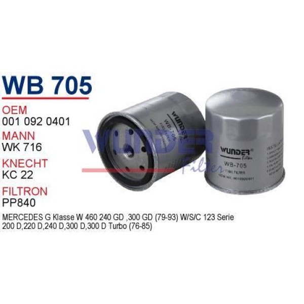 WUNDER WB705 Mazot Filtresi Mercedes W123 S123 220D 240D 300D