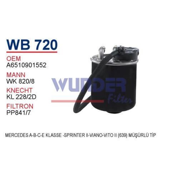 WUNDER WB720 Mazot Filtresi Mercedes A-B-C-Eklasse-Sprinter II-Viano-Vito II (639) Müşürlü Tip 