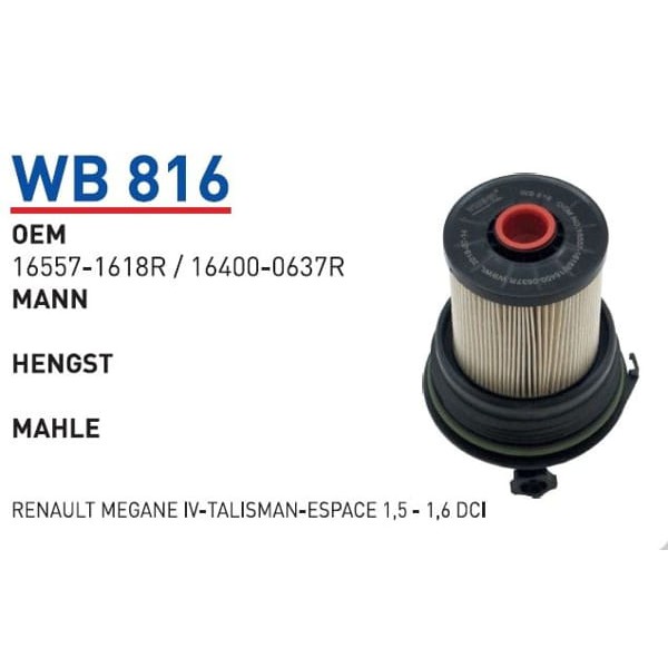 WUNDER WB816 Mazot Filtresi Renault Megane IV-Talisman-Espace 1,5 - 1,6 Dci