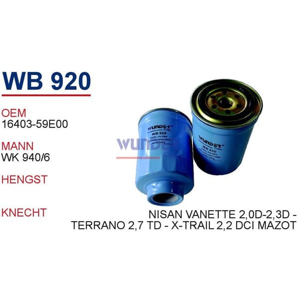 WUNDER WB920 Mazot Filtresi Almera X-Traıl 2.2 Dı DCI 01- Pıck-Up 2.5D 96- Wk940/6