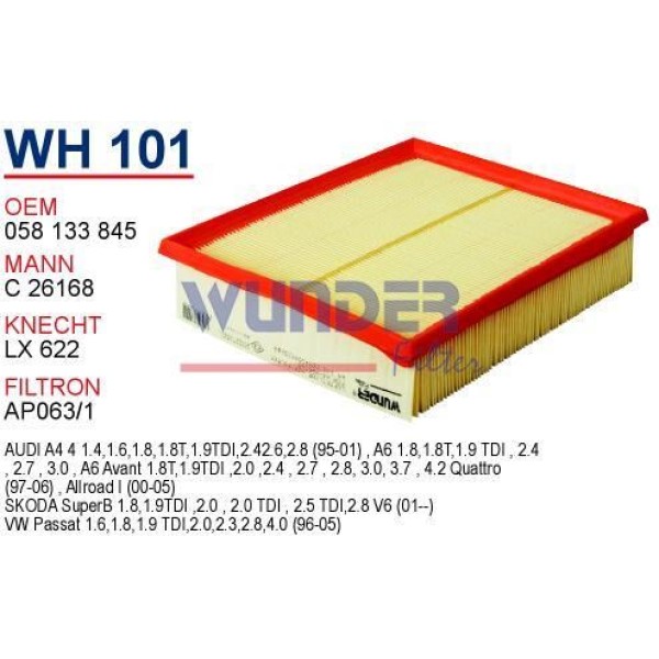 WUNDER WH101 Hava Filtresi Passat 96- / A4 95- A6 97- / Superb 1.8 1.8T 1.9 TDI