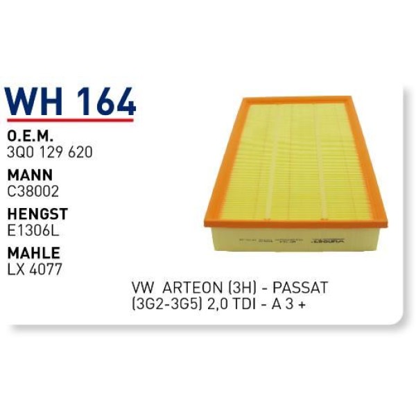 WUNDER WH164 Hava Filtresi Volkswagen Arteon (3H) - Passat (3G2-3G5) 2,0 TDI - A 3 - Cabriolet 2,5 T 