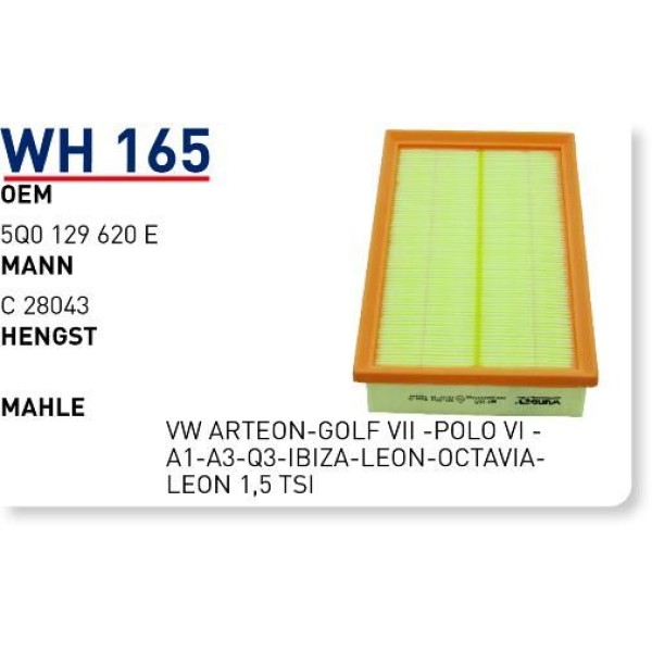 WUNDER WH165 Hava Filtresi VW Arteon-Golf Vıı -Polo VI -A1-A3-Q3-Ibiza-Leon-Octavia-Leon 1,5 Tsı 