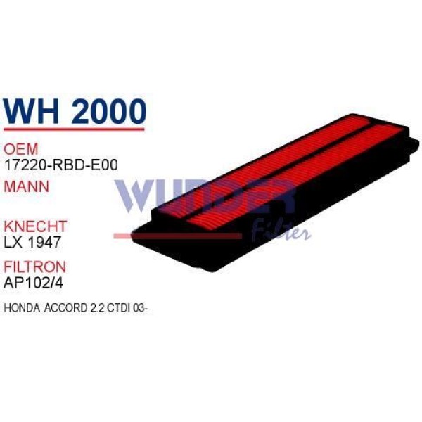 WUNDER WH2000 Hava Filtresi Accord 2.2 Dt 03-08 17220-Rbd-E00