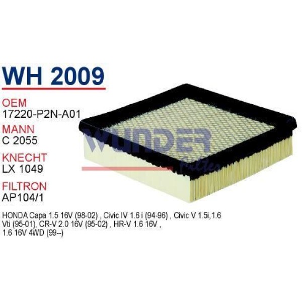 WUNDER WH2009 Hava Filtresi Civic 96-00 Civic 88-91 Cr-V 97-01