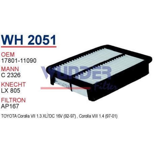 WUNDER WH2051 Hava Filtresi Corolla Ae111 1.3 Enj 4E-Fe 99-00 17801-11090 