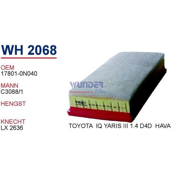 WUNDER WH2068 Hava Filtresi Toyota Iq 1,4 - Yaris II(Xp9) 1,4 D-4D,Yaris III (Xp13)1,4 D-4D,Subaru T 