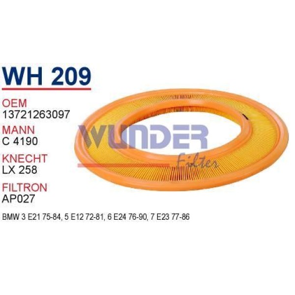 WUNDER WH209 Hava Filtresi Bmw E21 3 Serie- E12 5 Serie - E23 7 Serie (Tepsi) M30 