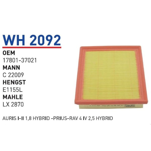 WUNDER WH2092 Hava Filtresi Auris I-Iı 1,8 Hybrid -Prius-Rav 4 IV 2,5 Hybrid