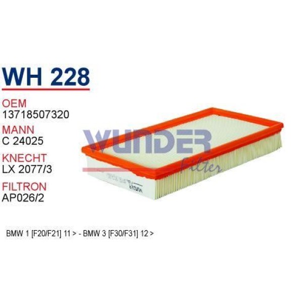 WUNDER WH228 Hava Filtresi Bmw 1 F20 F21 10- Bmw 2 12- Bmw 3 