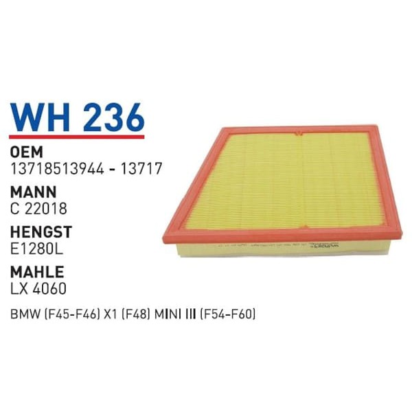 WUNDER WH236 Hava Filtresi Bmw (F45-F46) X1 (F48) Mini III (F54-F60)
