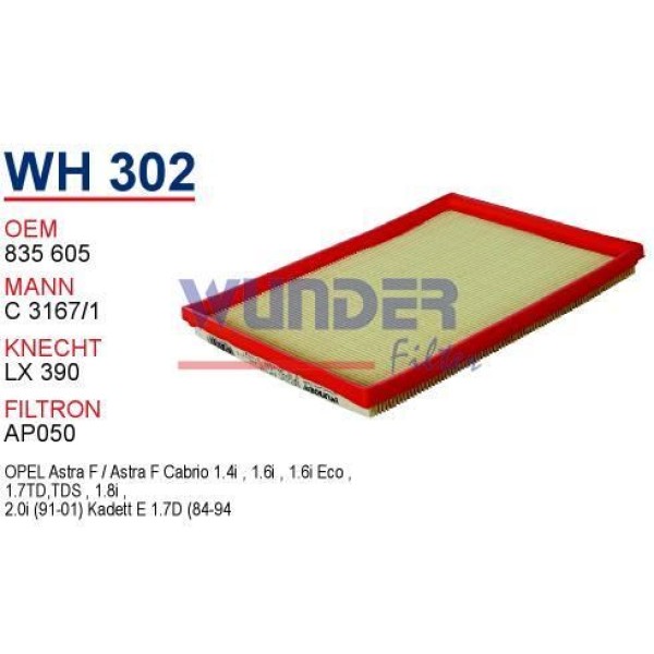 WUNDER WH302 Hava Filtresi Astra F 91-98 1.4I 1.6I 1.7Td 1.8I 2.0 