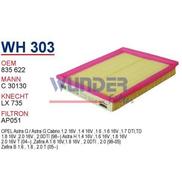 WUNDER WH303 Hava Filtresi Astra F-G 98-04 C30130 Fn0163 