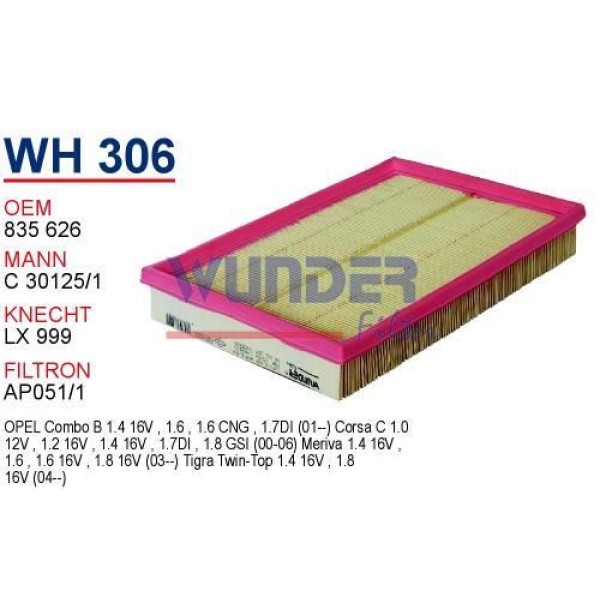 WUNDER WH306 Hava Filtresi Corsa C 01- Combo Merıva 03- 1.2 16V 1.4 16V Z14Xep