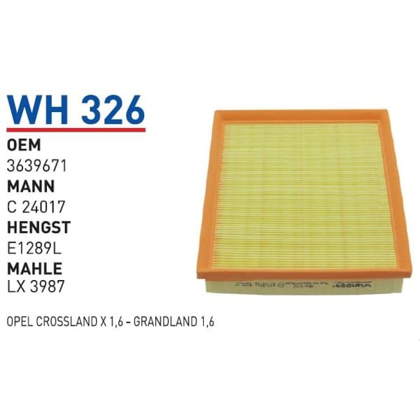 WUNDER WH326 Hava Filtresi Opel Crossland X 1,6 - Grandland 1,6 