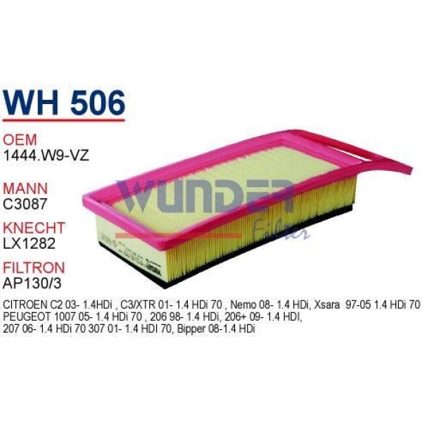WUNDER WH506 Hava Filtresi Citroen C3 - C4 - Nemo 1.4 HDI (Çanta Tip-Süngerli)