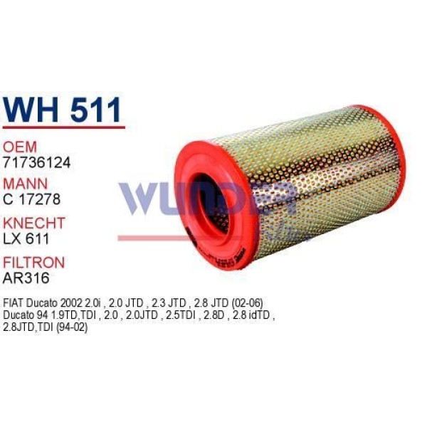 WUNDER WH511 Hava Filtresi Ducato 94- / Boxer 94- / Jumper 94- 2.8Jtd 2.8Td 2.8D 2.5Td 2.5T 2.5TDI 2