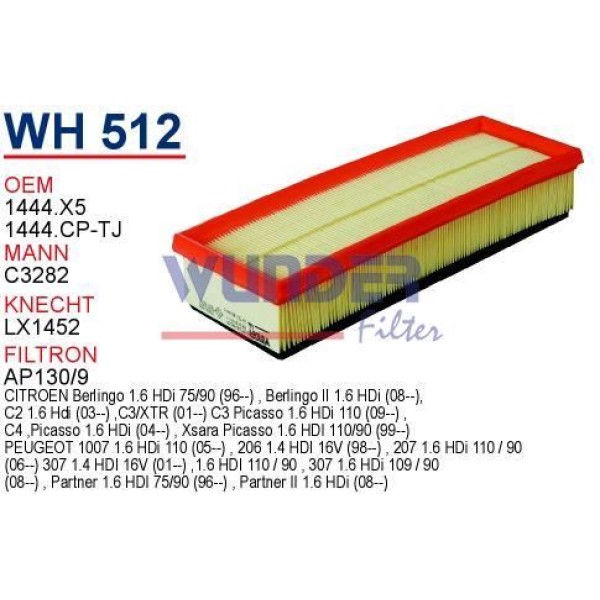 WUNDER WH512 Hava Filtresi 206 207 307 308 Partner / C3 C4 Berlingo 1.6 HDI