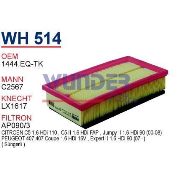 WUNDER WH514 Hava Filtresi Scudo / 407 04-  Expert / C5 Jumpy 1.6 HDI 1.6 Mtj Dv6Ted4