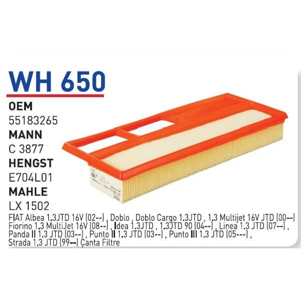 WUNDER WH650 Hava Filtresi Fiat Albea - Palio - Doblo 1.3 Jtd