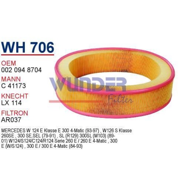 WUNDER WH706 Hava Filtresi Mercedes 124 Kasa E300 - 260 E- 126 Kasa 300 Sel