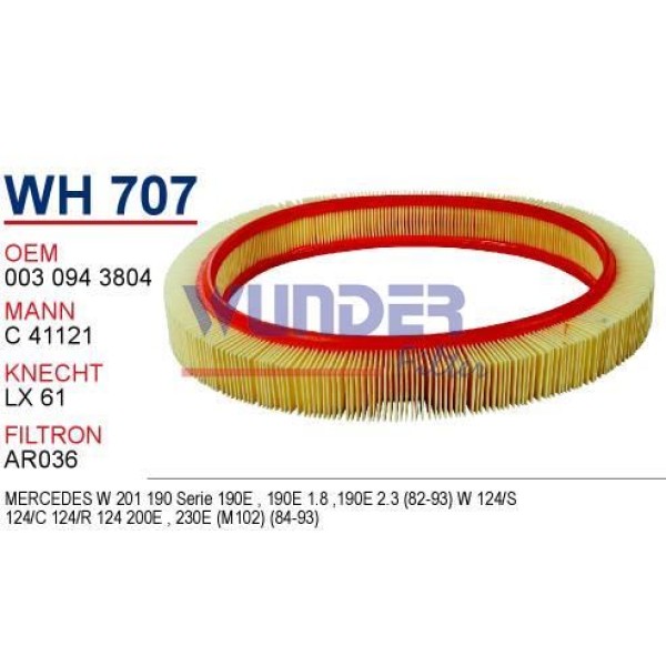 WUNDER WH707 Hava Filtresi Mercedes 124 Kasa 200 E- 201 Kasa 190 E