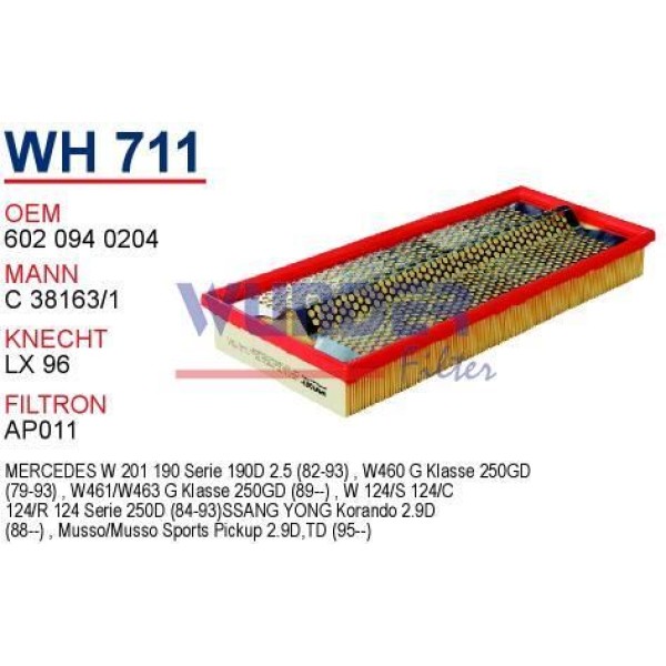WUNDER WH711 Hava Filtresi Mercedes 201 Kasa 190 D 2.5 - 124 Kasa 250 D 2.5