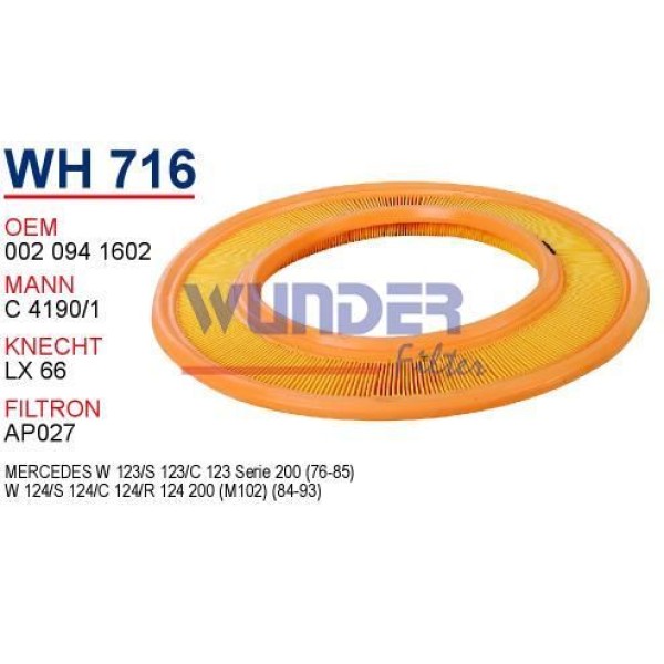 WUNDER WH716 Hava Filtresi Mercedes W123 200 80-85 W124 200 85-