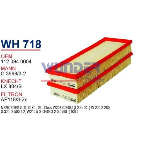 WUNDER WH718 Hava Filtresi Mercedes 220 Kasa S280 - S320 - S500 - 203 Kasa C240 (Çiftli)