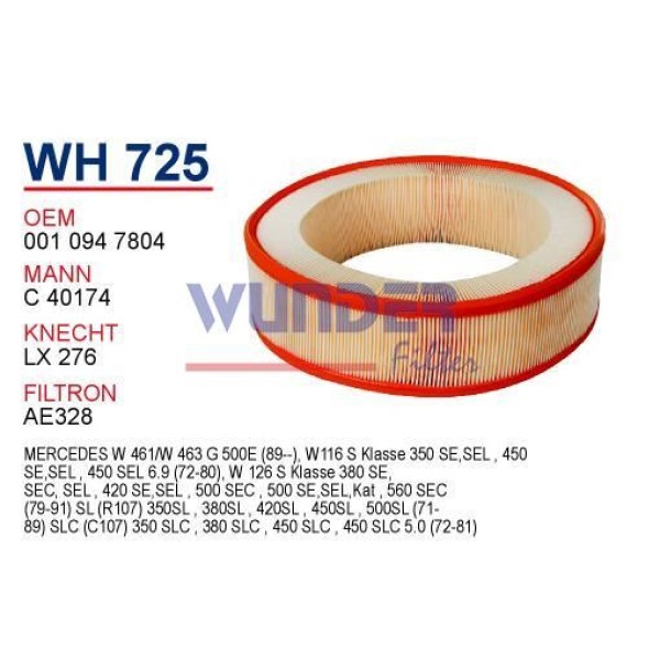 WUNDER WH725 Hava Filtresi Mercedes 124-126-140 Kasa 320-350-380-420-450-500 Se-Sel 117 Motor 