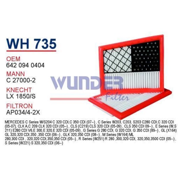 WUNDER WH735 Hava Filtresi Mercedes C320 CDI - C350 CDI - Clk320 CDI 02-09 Çiftli 