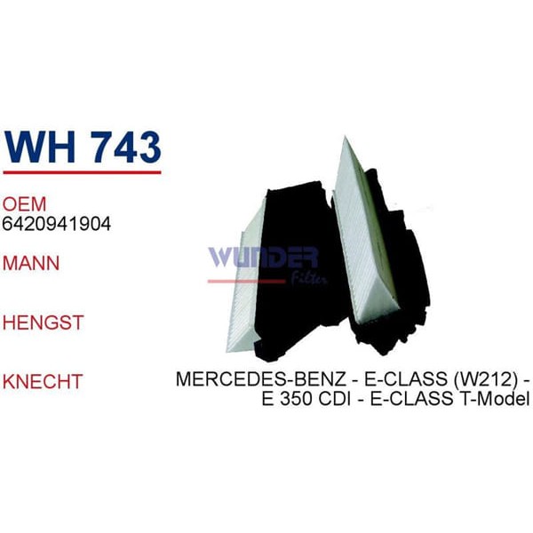 WUNDER WH743 Hava Filtresi Mercedes-Benz - E-Class (W212) - E350 Cdı - E-Class T-Model (S212) - E350