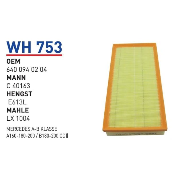WUNDER WH753 Hava Filtresi Mercedes A-B Klasse(A160-180-200 / B180-200 Cdı) 
