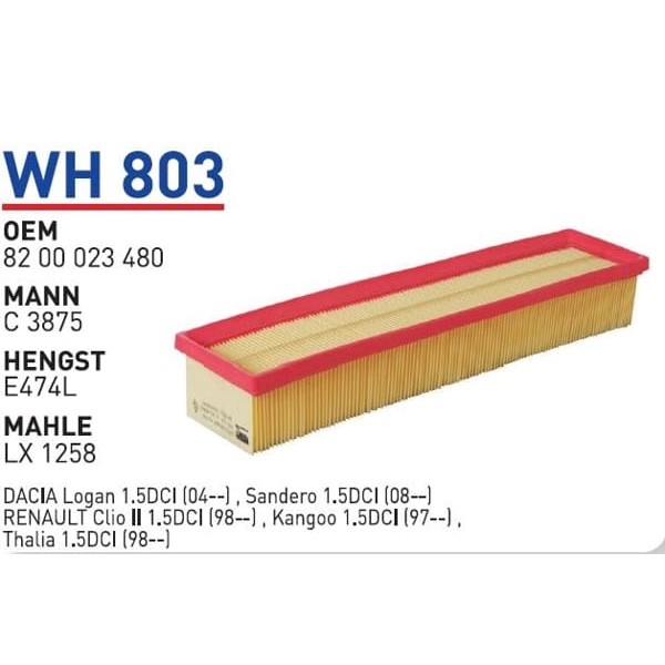 WUNDER WH803 Hava Filtresi Renault Clio 1.5 DCI - Kangoo 1.5 DCI(Süngersiz) 